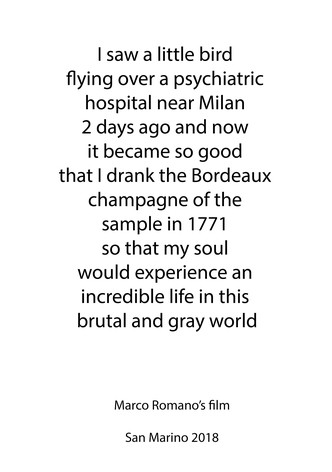 I Saw a Little Bird Flying Over a Psychiatric Hospital Near Milan 2 Days Ago and Now it Became So Good that I Drank the Bordeaux Champagne of the Sample in 1771 So That My Soul Would Experience an Incredible Life in This Brutal and Gray World